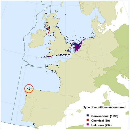 Achados de municin nas costas atlnticas (Fonte: OSPAR)