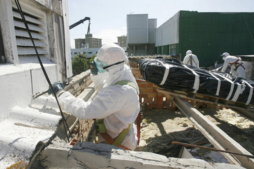 Operario eliminando a uralita dunha vivenda coas debidas precauci�ns